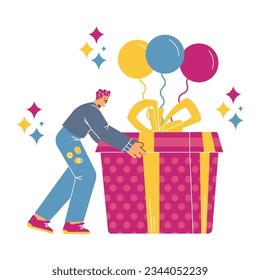 Cartoon man opens huge gift box with bow. Creative concept of holiday surprise, birthday celebration, bonus or loyalty program. Modern flat colorful vector present illustration with balloons, confetti