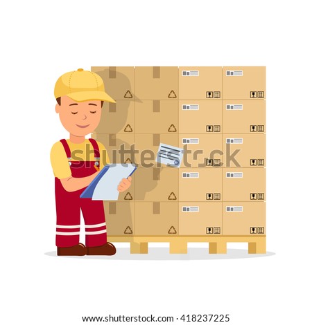 Cartoon man operator maintains records the cargo holding clipboard. Warehouse worker checking goods on pallet