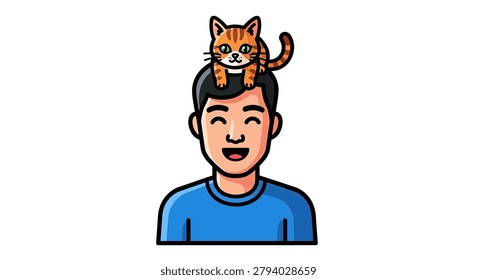 Cartoon man with orange cat sitting