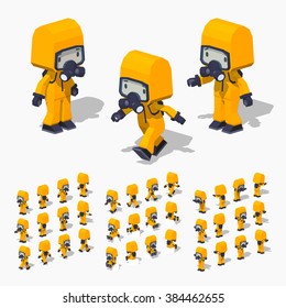 Cartoon man in the orange protective suit. 3D lowpoly isometric vector illustration. The set of objects isolated against the white background and shown from different sides