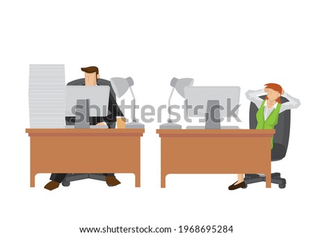 Cartoon man overloaded with work while female coworker sits idling. Vector cartoon illustration for gender unfairness at work concept isolated on white background.