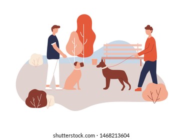 Cartoon Man Owner Walk Dog in Park, Holding Leash in Hand, Doberman Boxer Breed in Collar Vector Illustration. Dog Meeting, Animal Friendship. Doggy Play Outdoors. Pet Love, Care, Training,