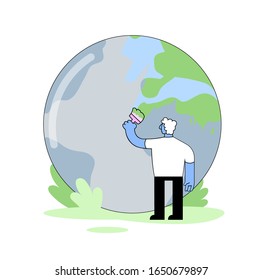 Cartoon man painting earth, globe. Environmental problems, concern concept. Cartoon flat vector illustration. Isolated on white background.