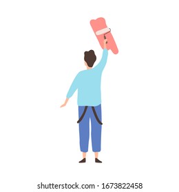 Cartoon man painting on wall holding paint roller isolated on white background. Male professional painter depict colorful image or writing advertising text vector flat illustration