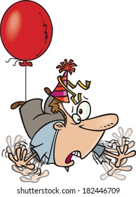 cartoon man in a party hat tripped by a balloon