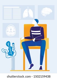 Cartoon Man Patient Character Sits on Chair in Hospital, Clinic, Policlinic or Diagnostics Research Center Hallway and Waits for Doctor. Boy Looks at Flat Medical Images on Wall. Vector Illustration