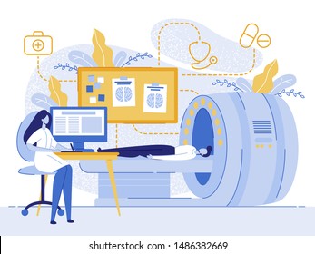 Cartoon Man Patient MRI Woman Doctor Examining Vector Illustration. Magnetic Resonance Imaging Technology. Medical Examination, Brain Scan, Tomography, Radiology Laboratory, Xray Scanner