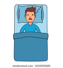 Cartoon man peacefully sleeping in bed with closed eyes. Relaxed expression and sleep symbols. Flat vector of healthy rest and deep sleep at nigh
