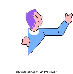 Hombre de caricatura mirando desde detrás de una esquina apuntando hacia delante. Carácter masculino amigable con simplicidad de pelo púrpura caricatura estilo ilustración vectorial.