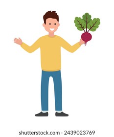 Comic-Mann Person mit Rote Beete Wurzel in der Hand Symbol