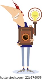 Cartoon man a photographer. 
Smiling young man holding a retro camera. Isolated on white background

