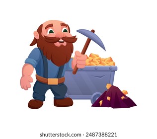 Cartoon man with pickaxe mines precious stones. Miner, gnome gold miner. Trolley with golden bars or jewelry. Funny cave vector character