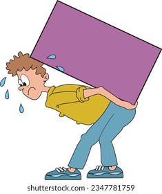 Cartoon man picking up a heavy box on his back, worker carrying box, lifting a heavy crate, Mover, courier man is holding the big box, geometric shape, 