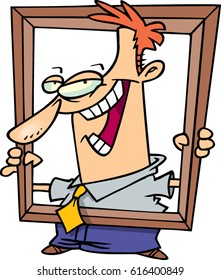 cartoon man with a picture frame over his face