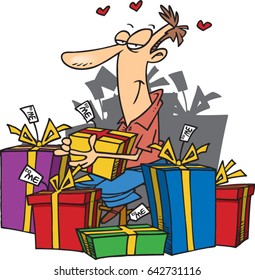 cartoon man in a pile of presents he has given himself