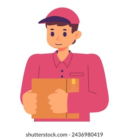 Cartoon man in pink shirt holding box suitable for delivery services flyer, business presentation, website banner, social media post.