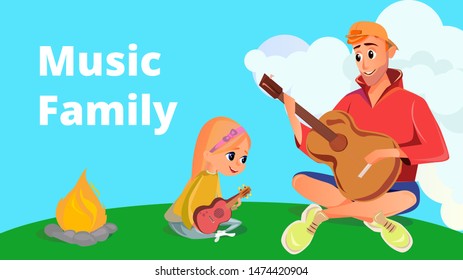 Cartoon Man Play Acoustic Guitar. Little Girl with Hawaiian Ukulele Bonfire Vector Illustration. Father Daughter Musical Rerformance. Music Family Camping Picnic. Summer Vacation Travel