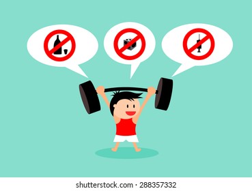 Cartoon man play weightlifting for exercise and warning sign of "No alcohol, No drug and No gamble" 