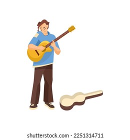 Cartoon man playing acoustic guitar vector illustration. Male guitarist character performing with musical instrument on street on white background. Music, performance concept