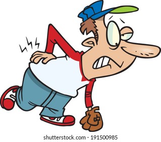 cartoon man playing baseball with back pain