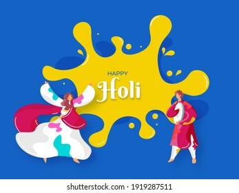 Cartoon Man Playing Dafli (Tambourine) With Dancing Woman On Yellow And Blue Background For Happy Holi Concept.