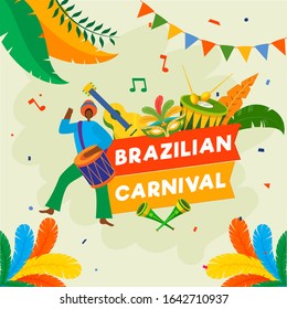 Cartoon Man Playing Drum with Music Instruments and Colorful Feathers on Yellow Background for Brazilian Carnival Celebration.