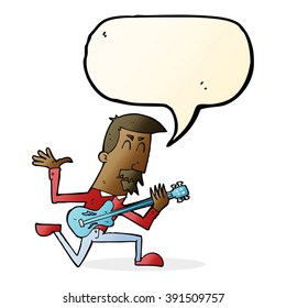 cartoon man playing electric guitar with speech bubble
