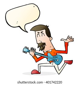 cartoon man playing electric guitar with speech bubble