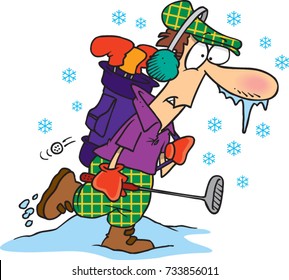 cartoon man playing golf in the winter and freezing