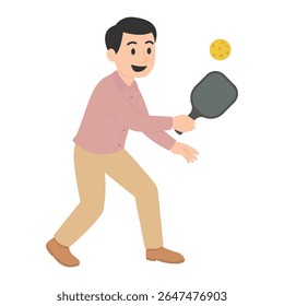 Cartoon man playing pickleball with paddle and ball. Vector illustration for concepts related to modern sports, outdoor activities, healthy lifestyle, or recreational fitness