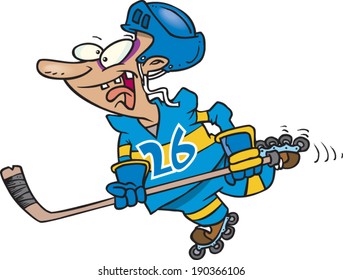 cartoon man playing roller hockey
