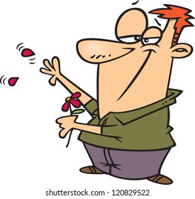 cartoon man playing she loves me she loves me not with a flower