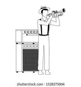 cartoon man playing trumpet and sound amplifier over white background, vector illustration