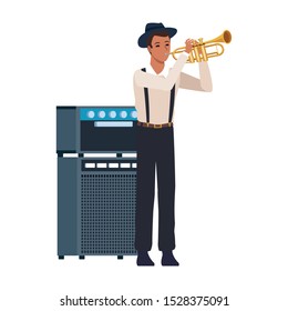 cartoon man playing trumpet and sound amplifier over white background, vector illustration
