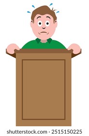 A cartoon man is at a podium afraid to give his talk