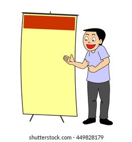 Cartoon man point and discuss ad poster standee