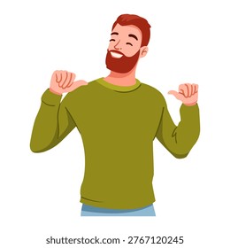 Cartoon man pointing at himself on white background, expressing confidence and selfbelief in a concept. Vector illustration