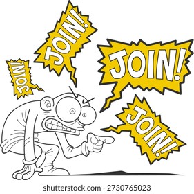 A cartoon man pointing to a join sign