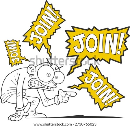 A cartoon man pointing to a join sign