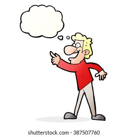 cartoon man pointing and laughing with thought bubble
