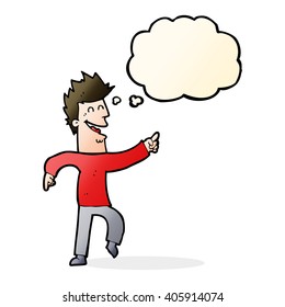 cartoon man pointing and laughing with thought bubble