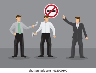 Cartoon man pointing at No Smoking to smokers taking cigarette break. Vector illustration on smoking ban in workplace isolated on grey background.