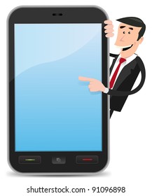 Caricatura Hombre señalando el teléfono inteligente/ Ilustración de un hombre de negocios divertido y feliz que señala un cartel publicitario en un dispositivo de teléfono inteligente
