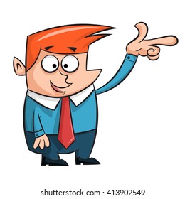 Cartoon man points finger at something.