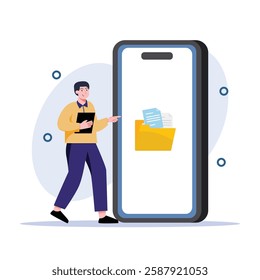 Cartoon man points to mobile phone displaying file folder for data storage solution Perfect for showcasing application and file management concepts