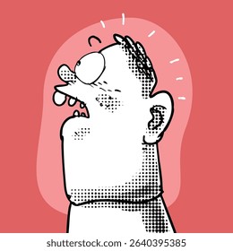 cartoon man portrait funny illustration, a naive looking man looking up with curiosity