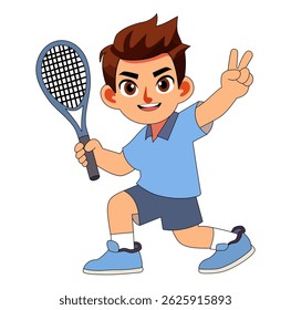 Cartoon Man Pose After Winning Playing Tennis Digital Vectors Illustration