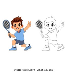 Cartoon Man Pose After Winning Playing Tennis Art Coloring Digital Vectors Illustration