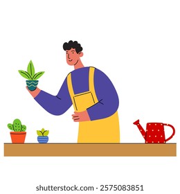 Cartoon man with potted plants and watering can – gardening illustration. Illustration ideal for eco-friendly campaigns or plant shops.