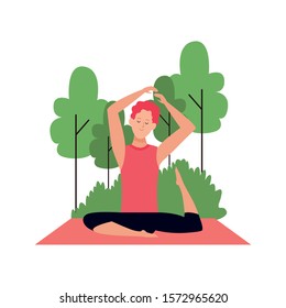 cartoon man practicing yoga pose at outdoors over white background, vector illustration